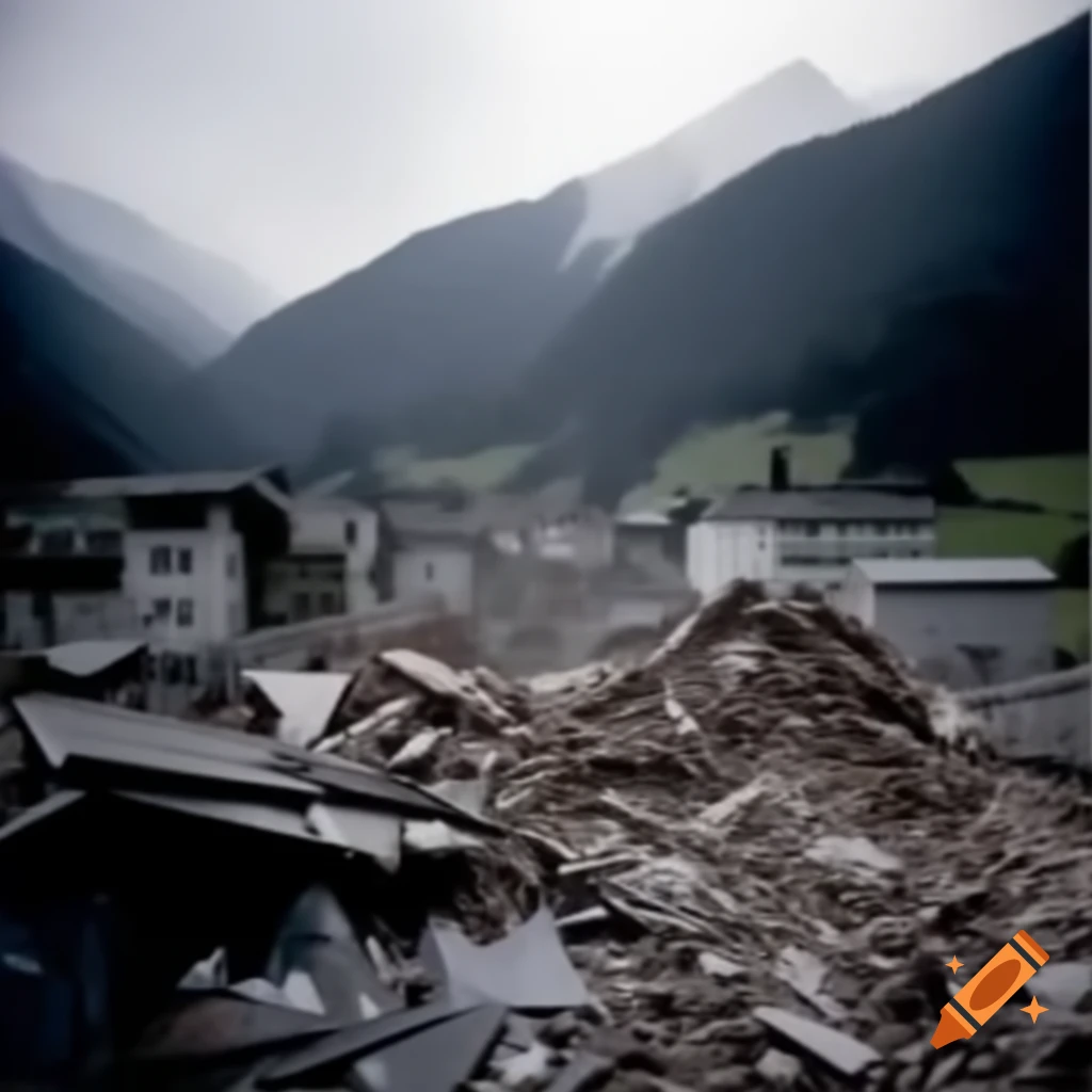 Realistic depiction of earthquake damage in Haute-Savoie, featuring destroyed buildings and bridges