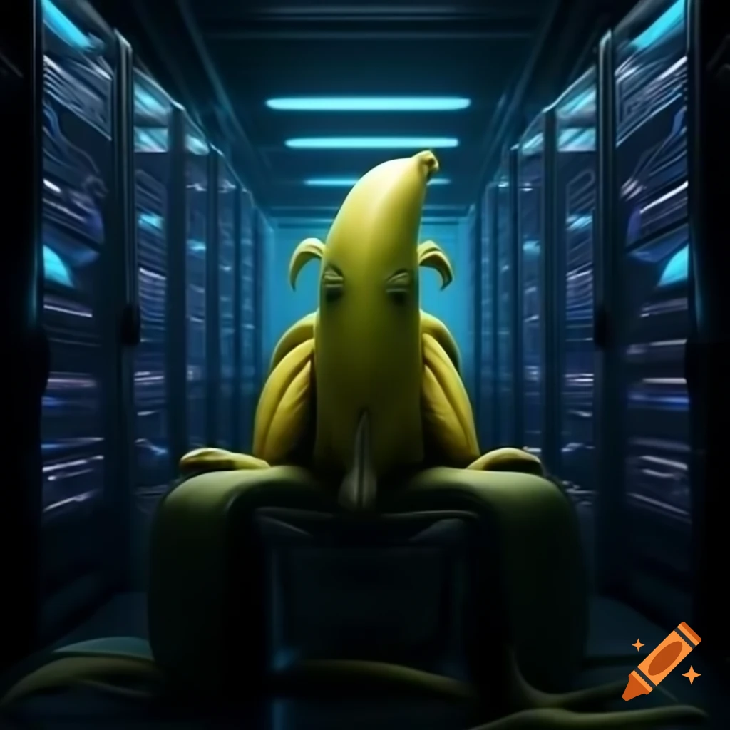 Banana man in cyberpunk server room filled with hacking equipment
