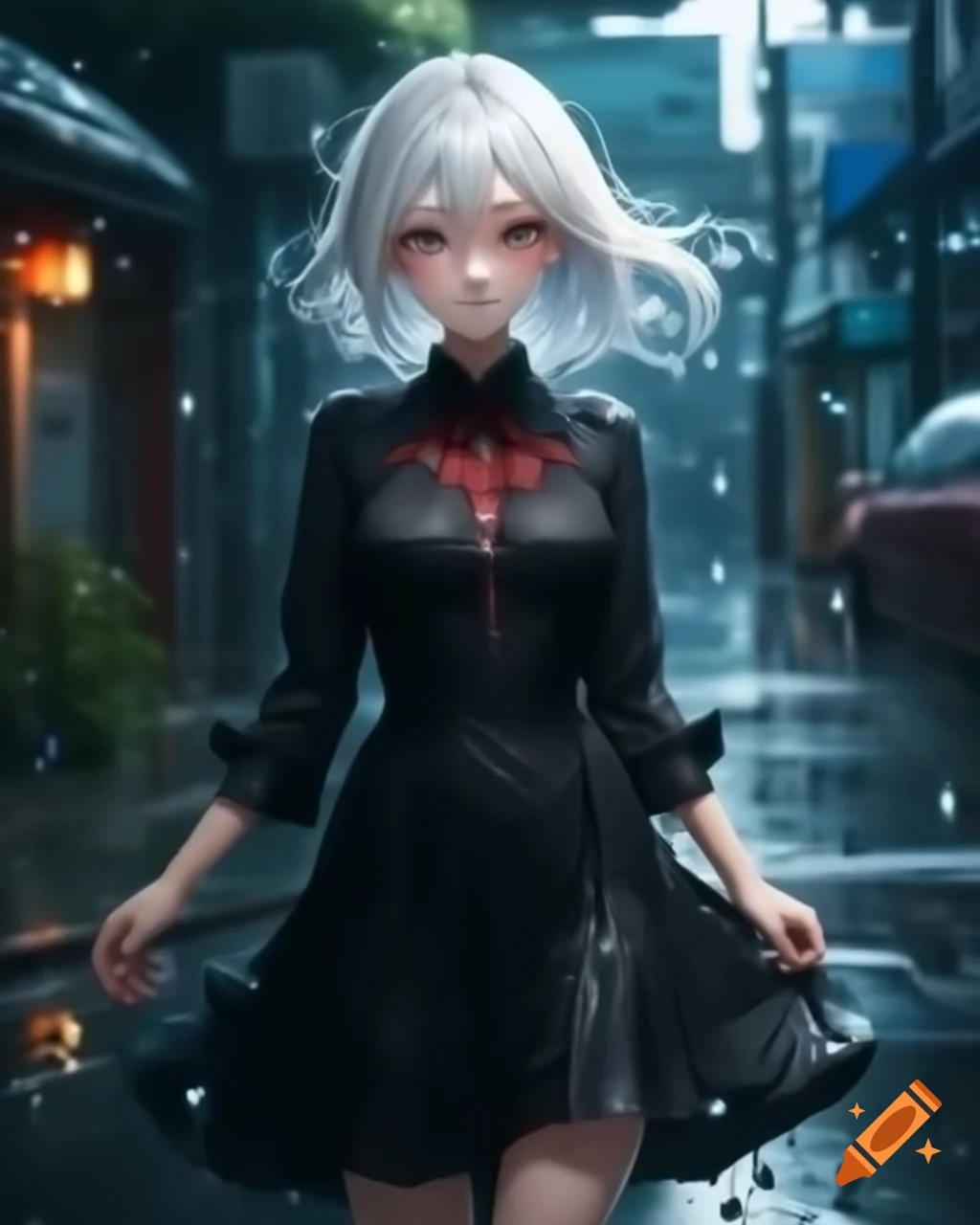 Anime realistic woman with white hair in black dress on rainy day