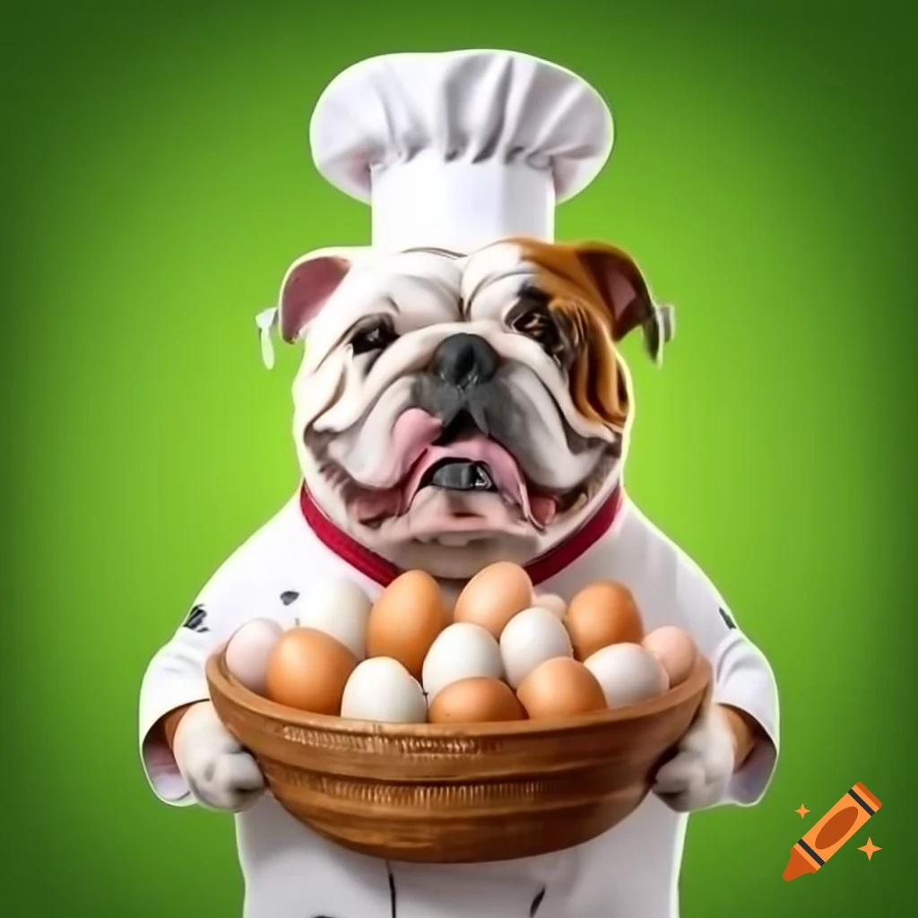 Cartoon of English bulldog chef holding basket of eggs