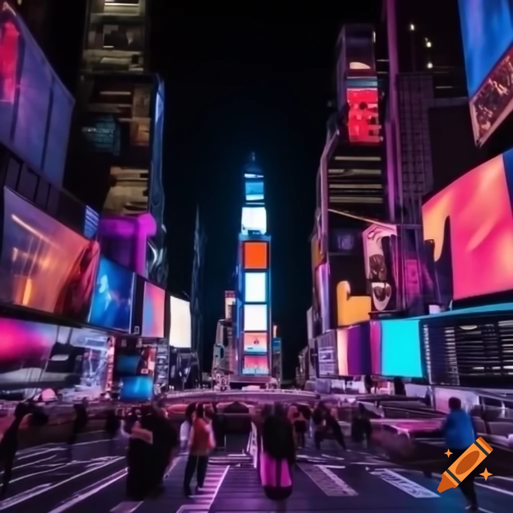 Vibrant night scene of Times Square in New York City with neon lights and busy crowds