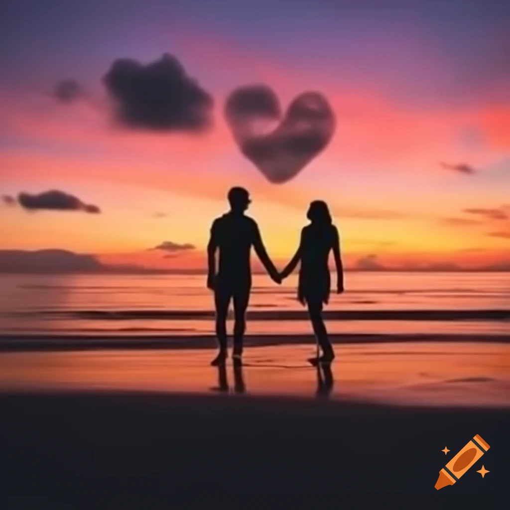 Serene sunset over calm ocean with warm colors and a couple walking on the beach
