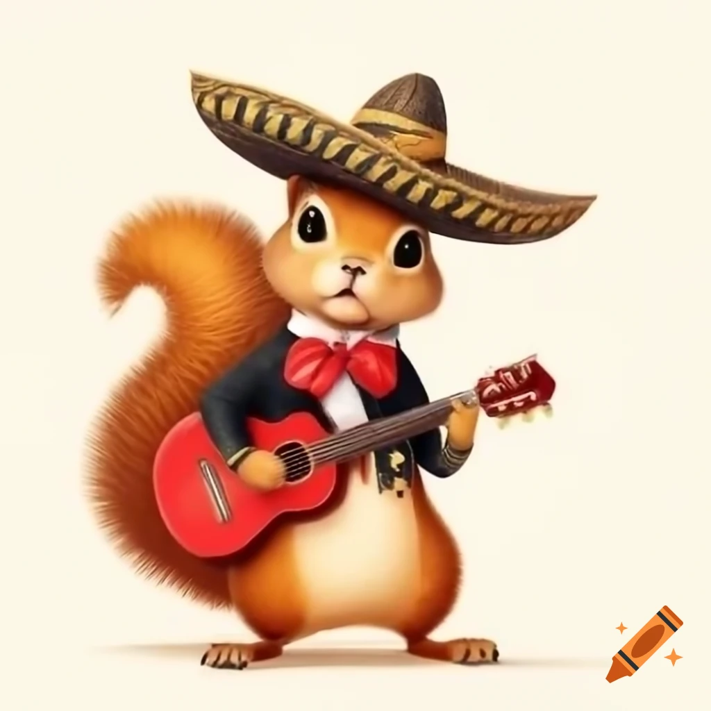 Squirrel in charro suit holding red guitar