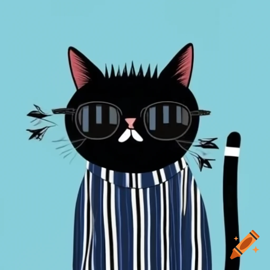 Cartoon black cat with pajama stripes and sunglasses