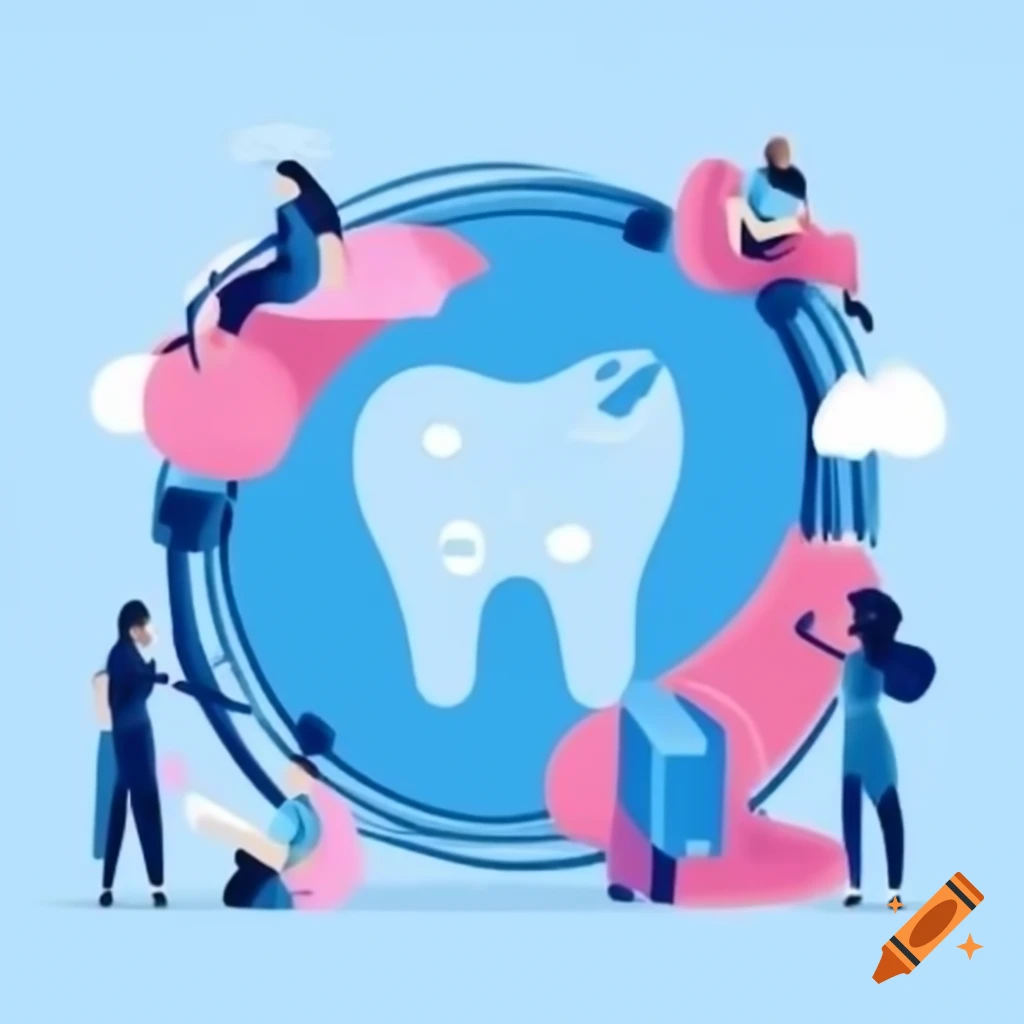 Interconnected oral care symbol featuring women dentists and digital circuits