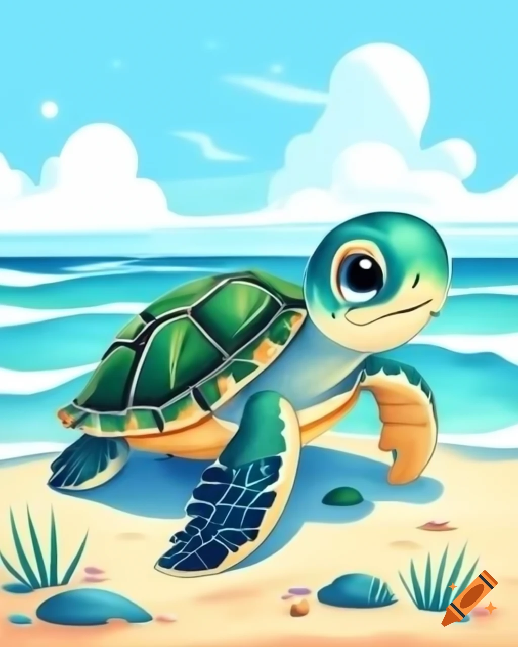Cartoony sea turtle with beach background in watercolor style