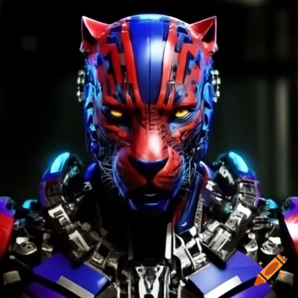Cybernetic panther in red and blue design on purple shield