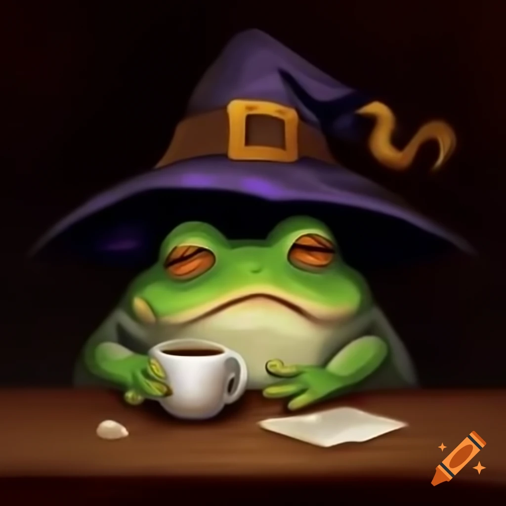 Grumpy sleepy frog in witch hat holding coffee cup