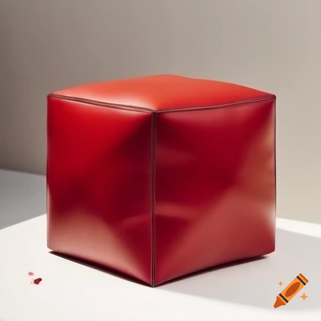 Red leather pouf with smooth texture and vertical panel stitching
