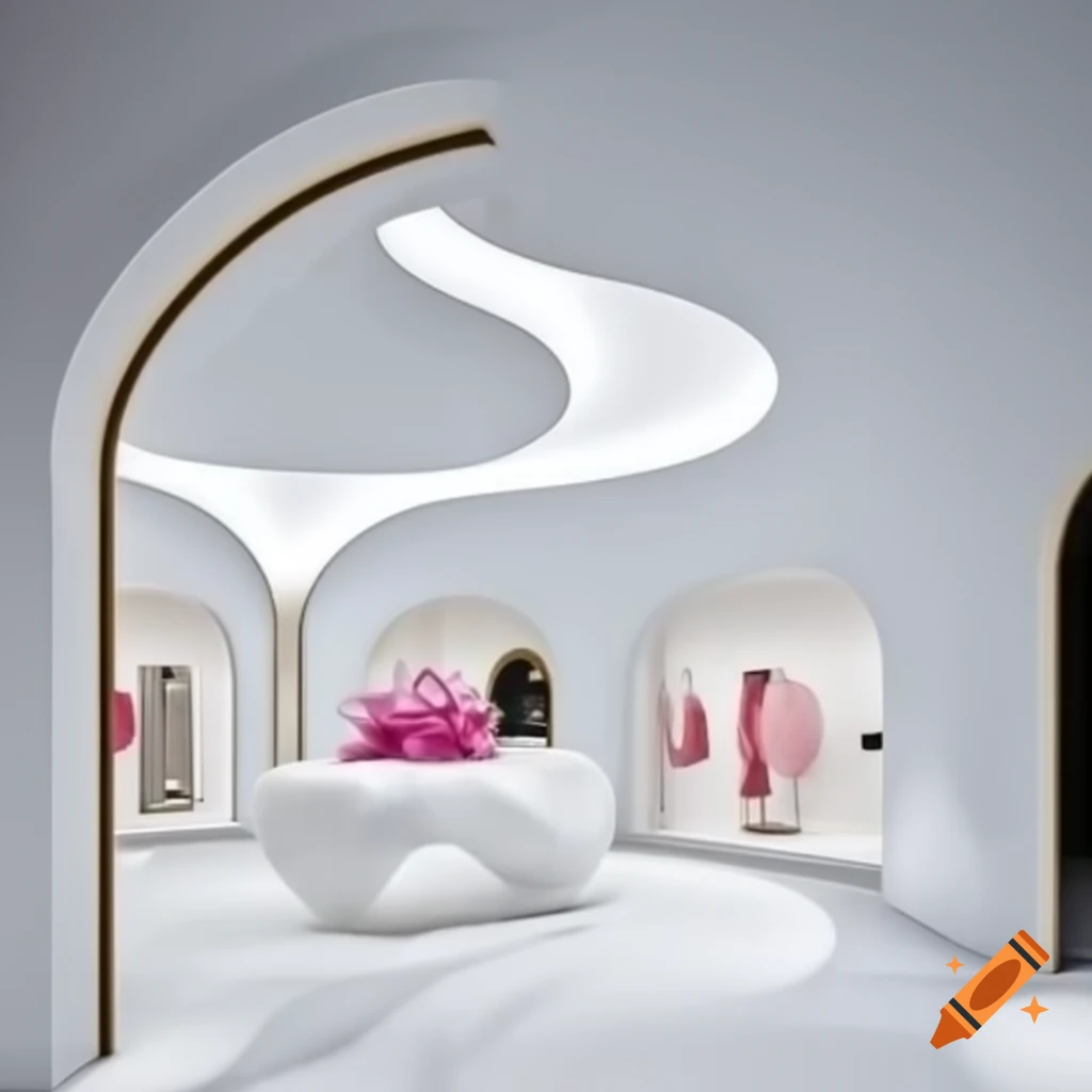 Dior store design with coral and white marble, featuring curved architecture