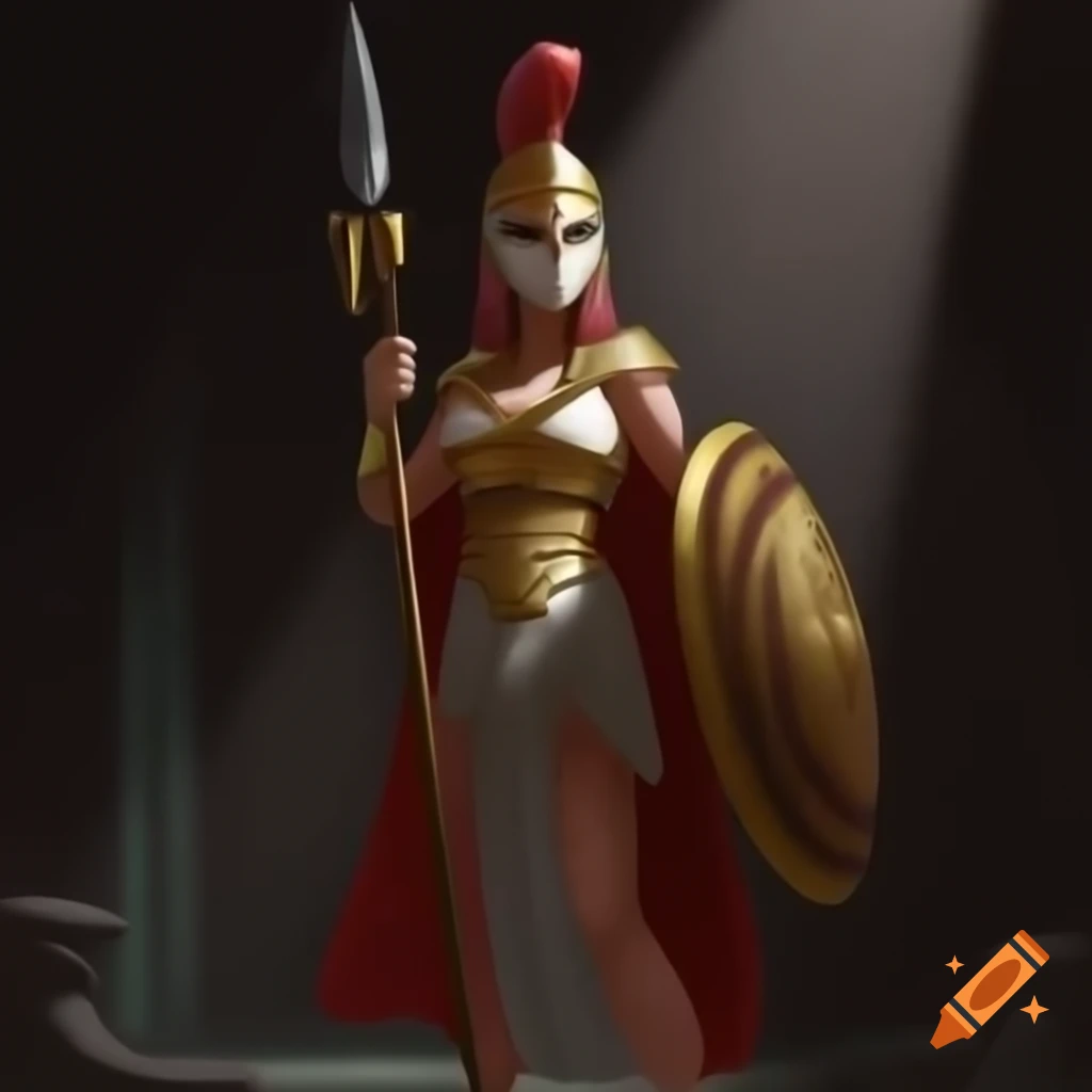 Goddess Athena depicted with armor, owl, shield, and spear