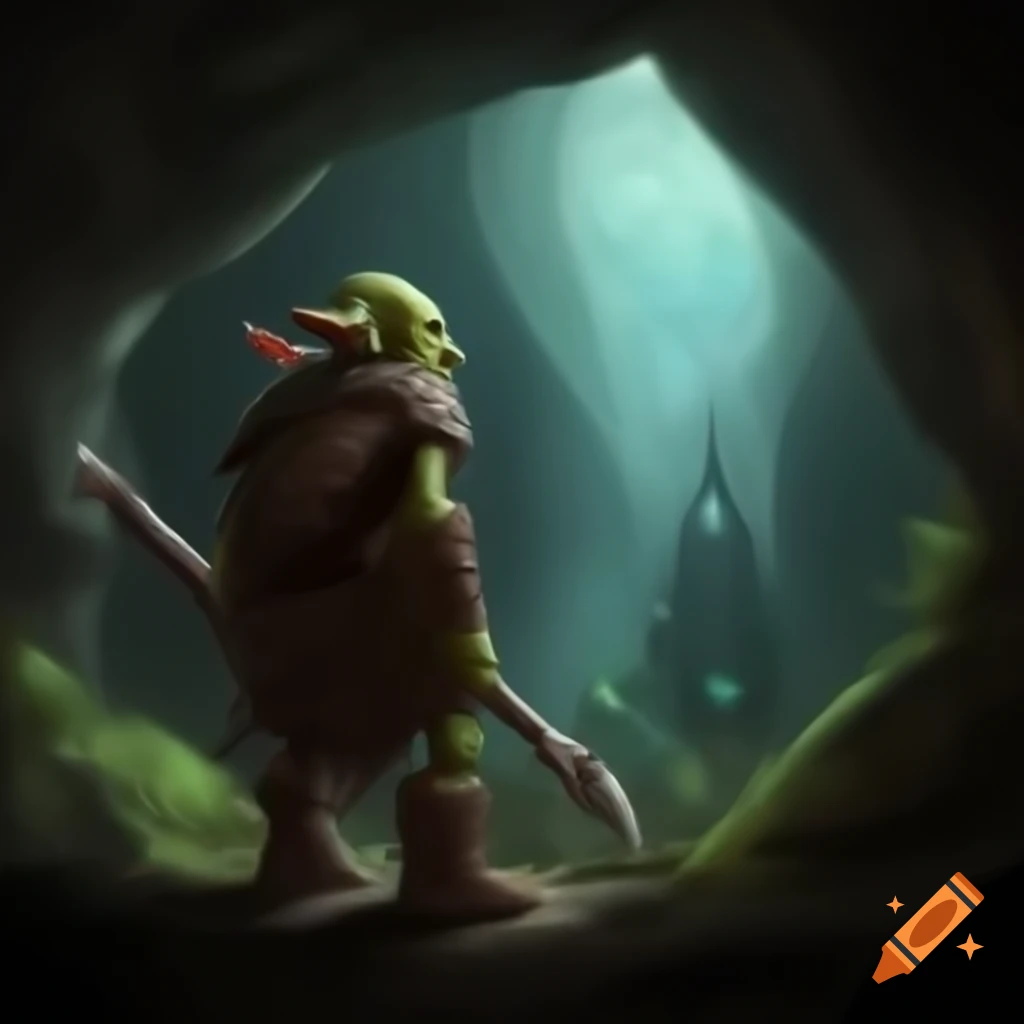 Photorealistic view of an old goblin shaman in a cave
