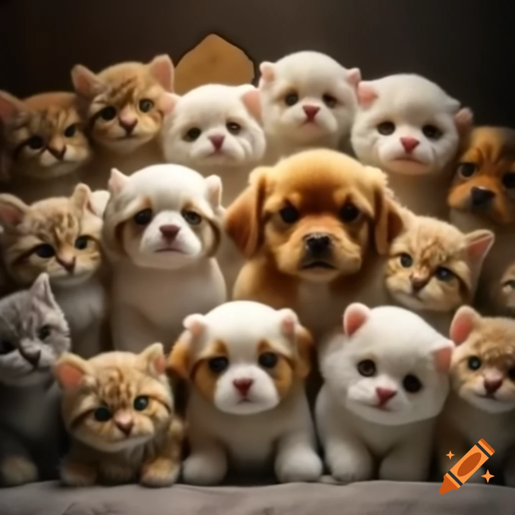 Cute plush puppies and kittens in a large pile