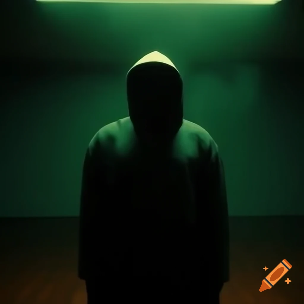 Hyperrealistic shot of a hooded rapper in foggy dark room, face obscured