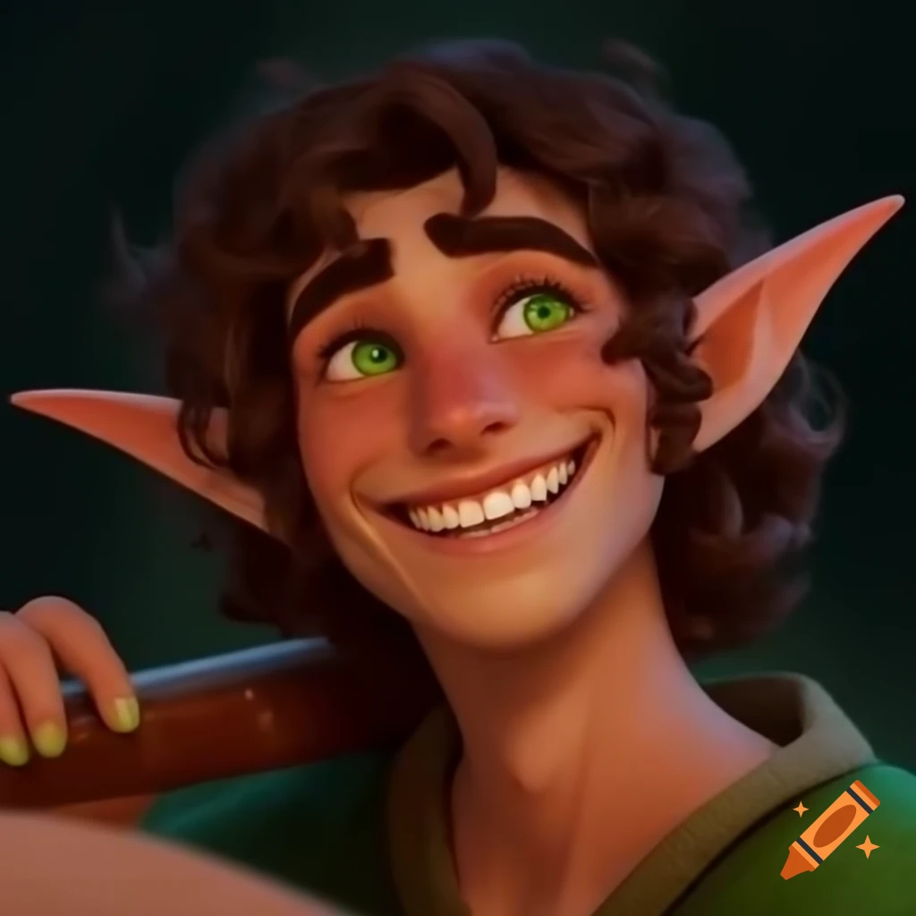 Male half-elf bard with tanned skin and curly hair playing lute