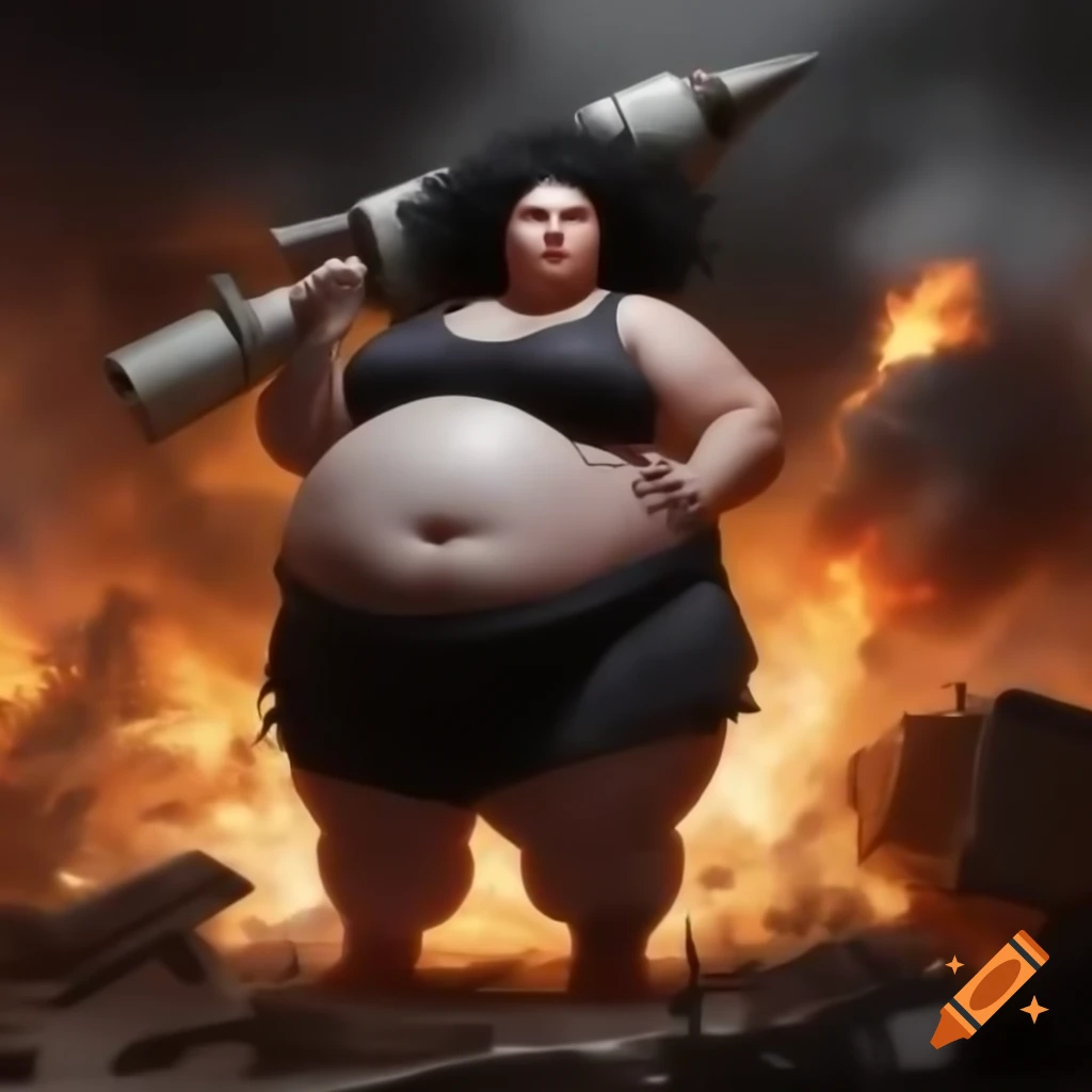 Fat lady with black hair protecting Gan Yavneh from rocket attacks amid explosions