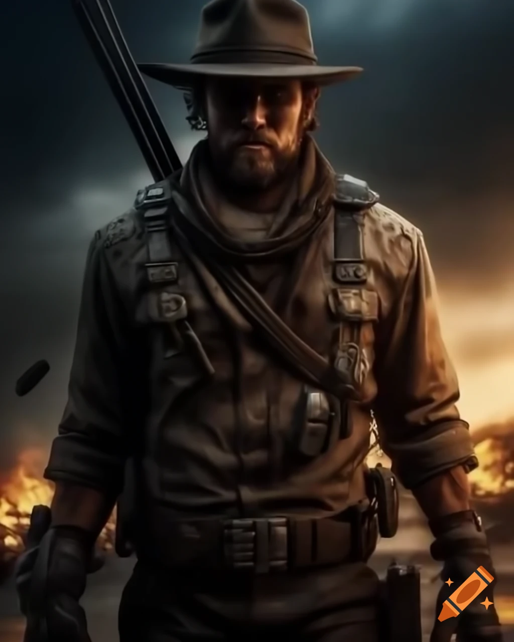 Portrait of post-apocalyptic hunter in torn clothes and battle-belt