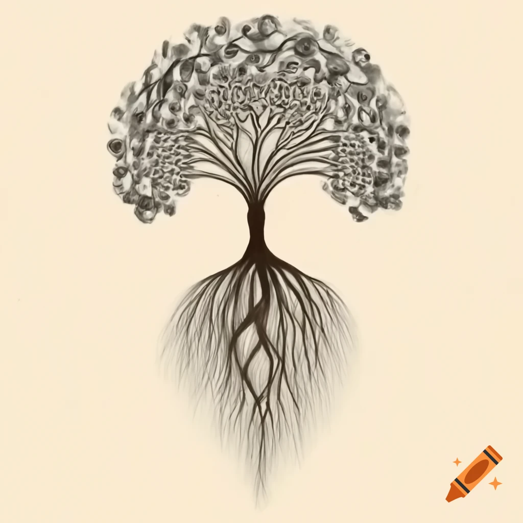 Intricate spiral drawing showing roots transforming into brambles, leaves, and flowers
