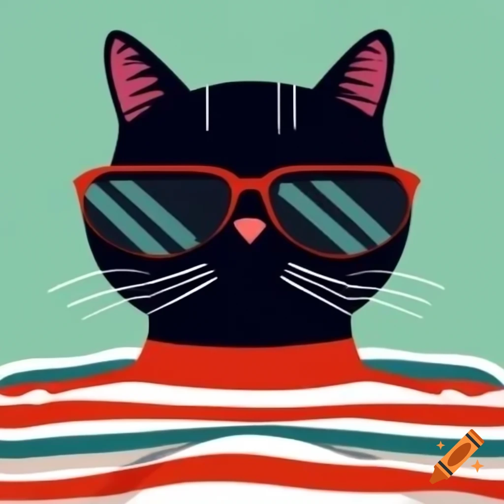 Cartoon art of black cat with pyjama stripes and sunglasses