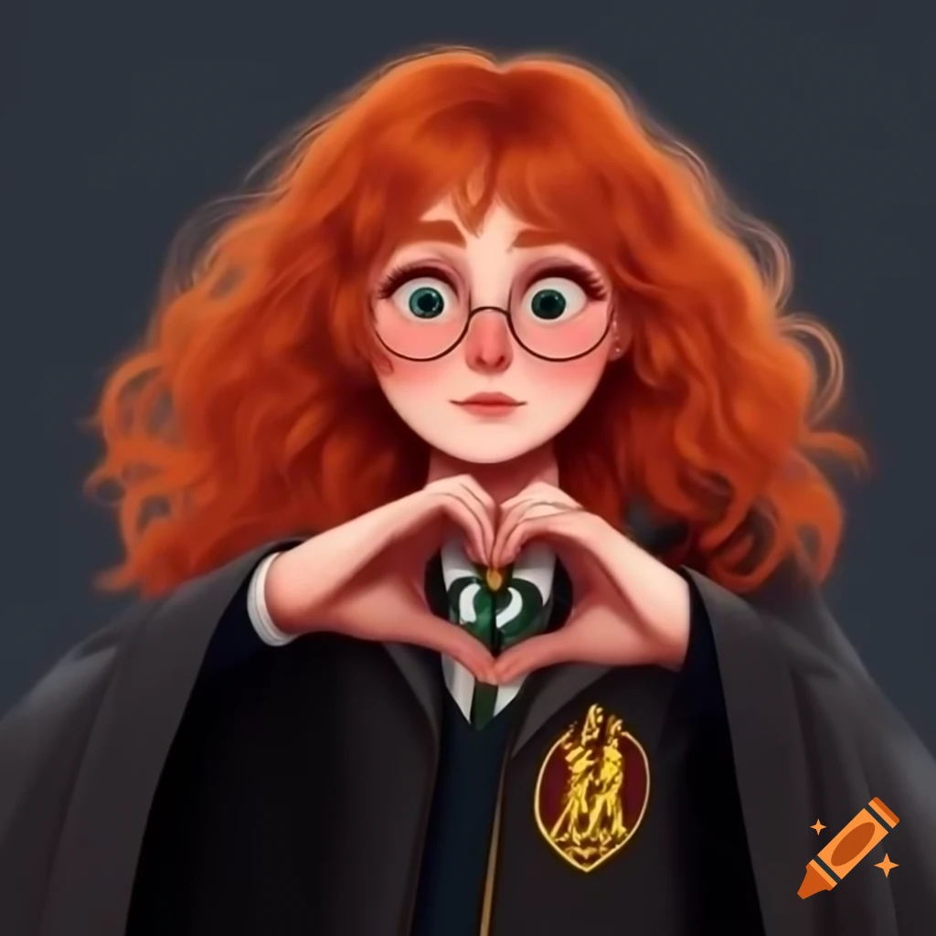 Redhead girl student at Hogwarts holding a heart sign in botany class