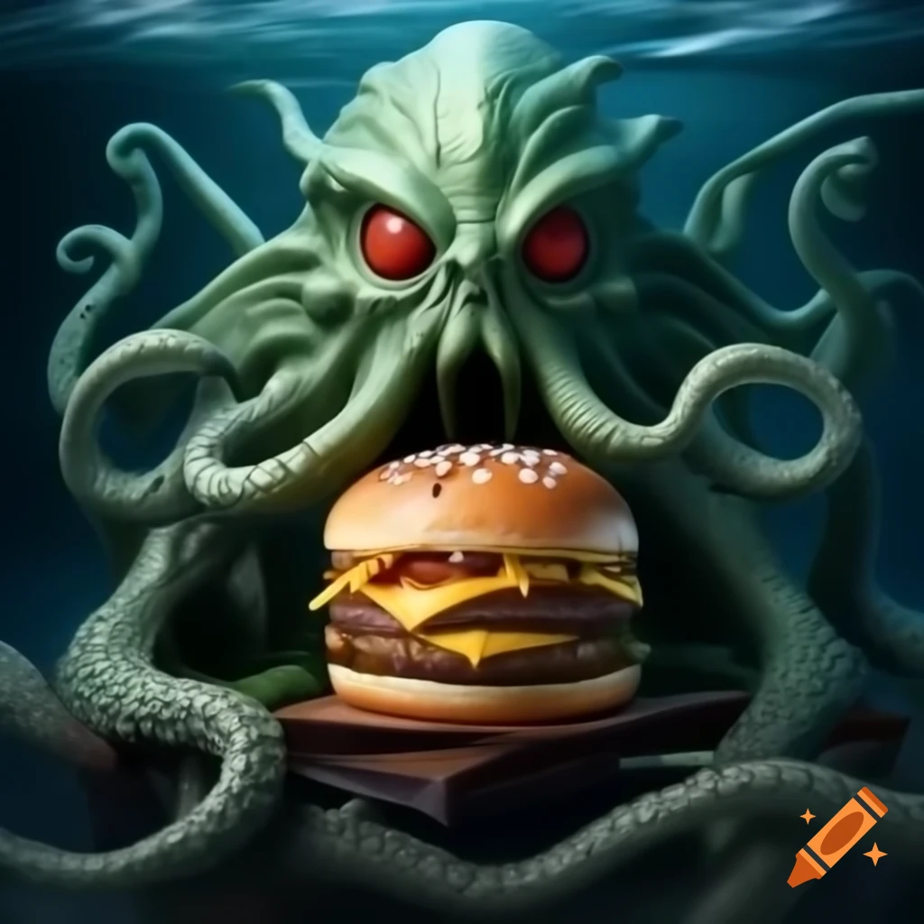 Cthulhu character eating burger and fries with tentacles in the sea, caricature style