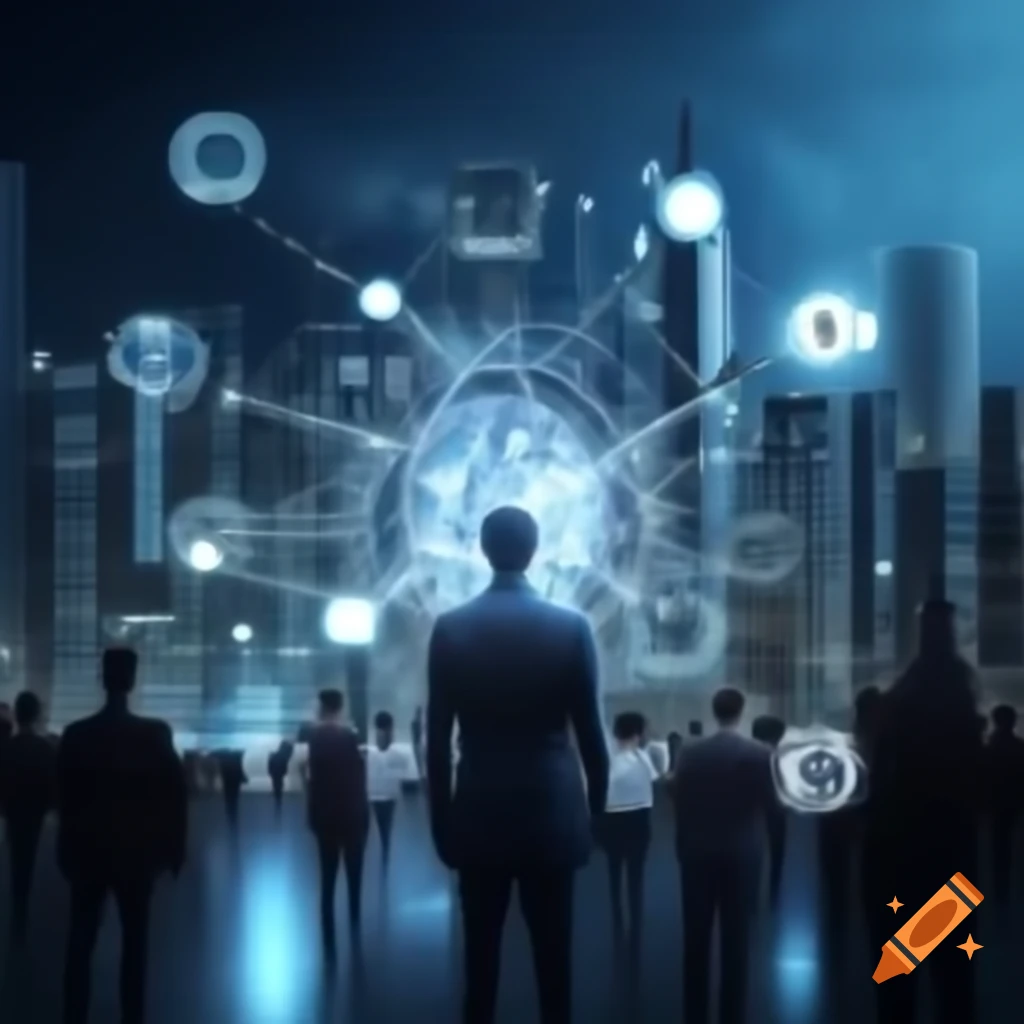 Futuristic city with sensors monitoring a person