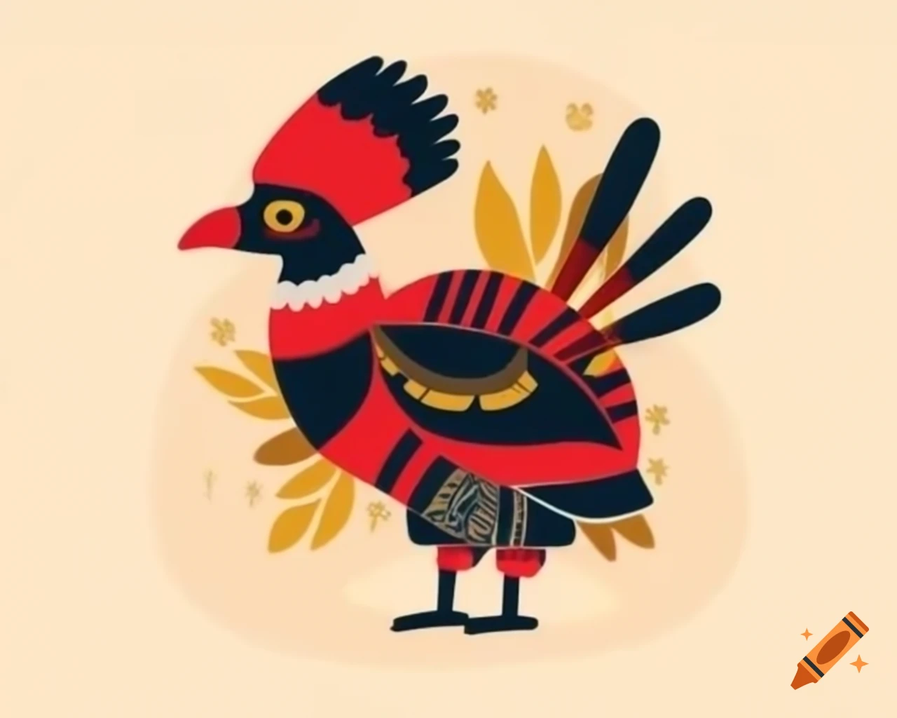 Native bird of Papua New Guinea in watercolor, red, black, and gold, storybook style