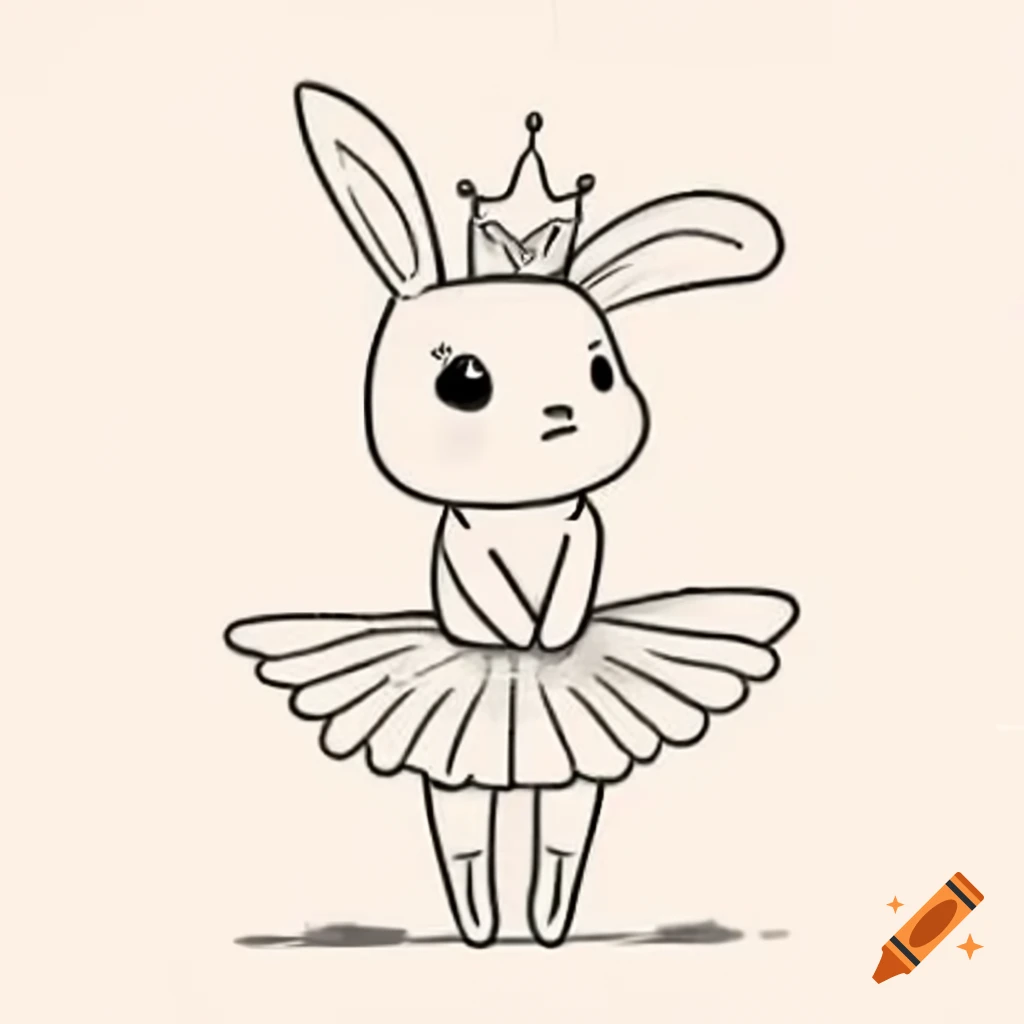 Cute rabbit in tutu ballet pose with tiny crown, line drawing