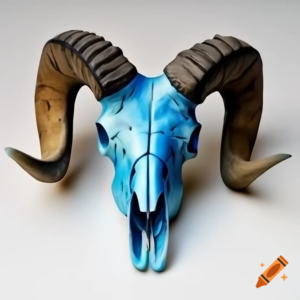 Bighorn skull with navy blue and black horns