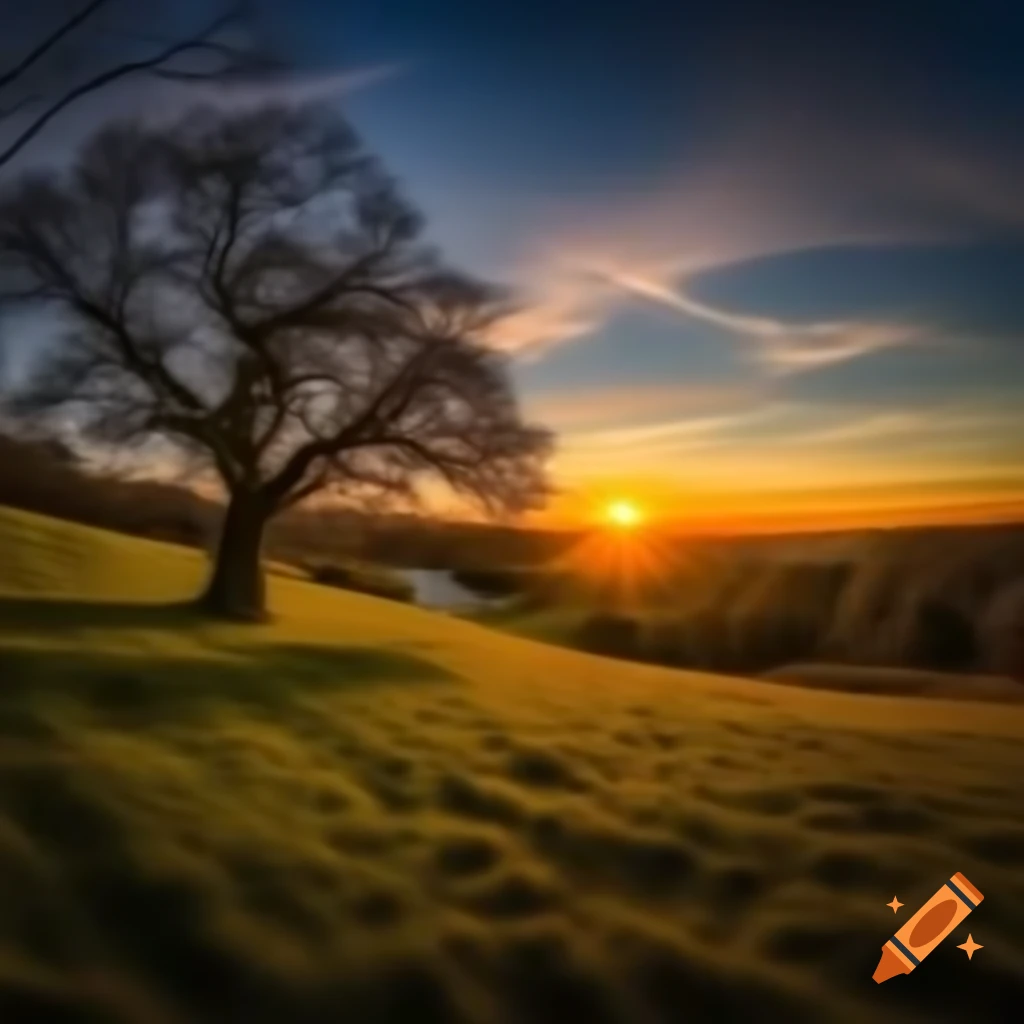 Landscape with sunset and leafy tree in the foreground