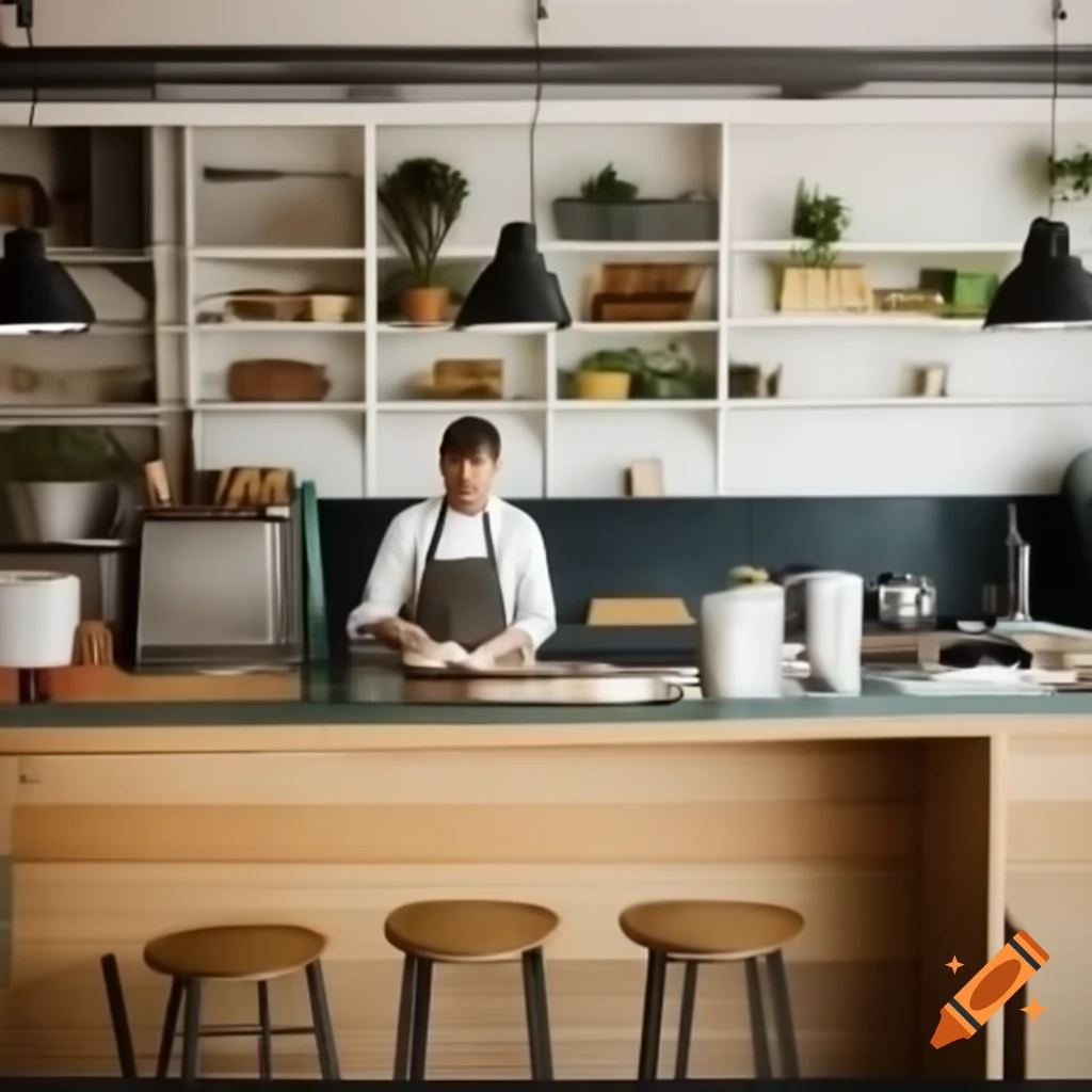 Smiling man in green apron behind bright counter filled with fresh ingredients