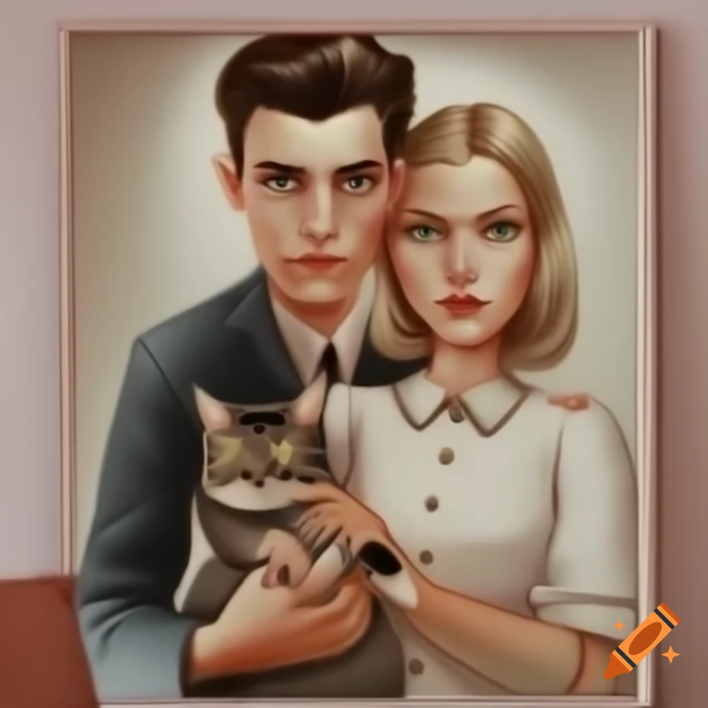 Couple with cat in 1940s German propaganda poster style