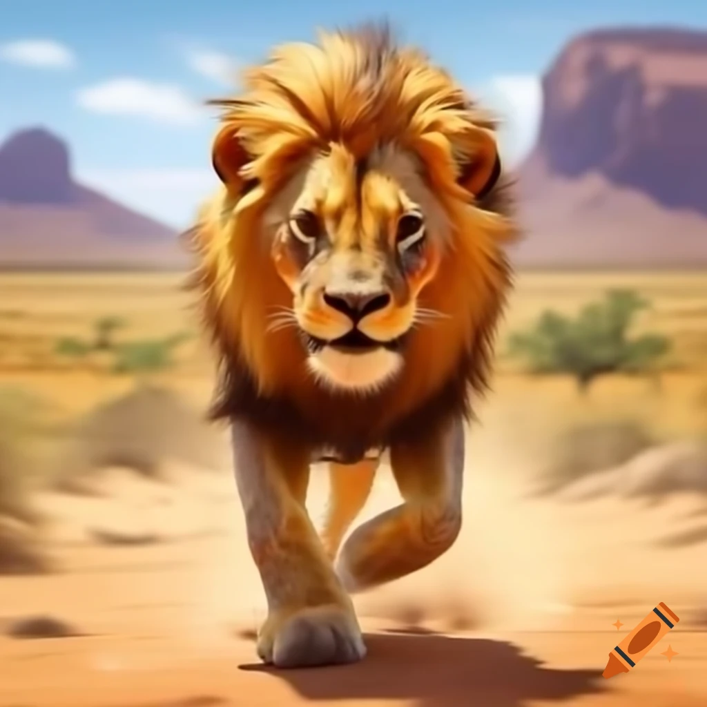 Simba running through the desert landscape