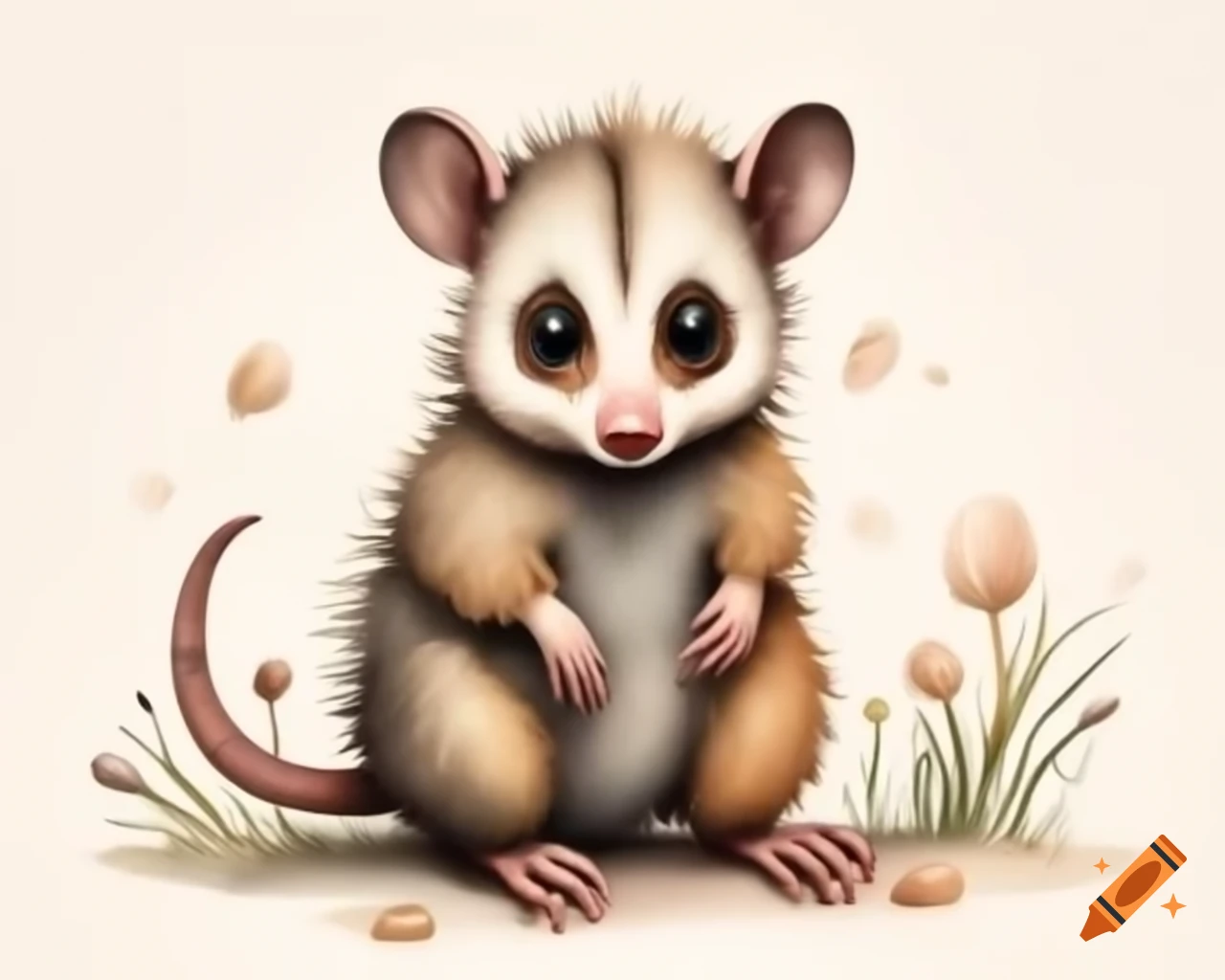 Gum nut baby possum illustrated in watercolor shades of brown and gold
