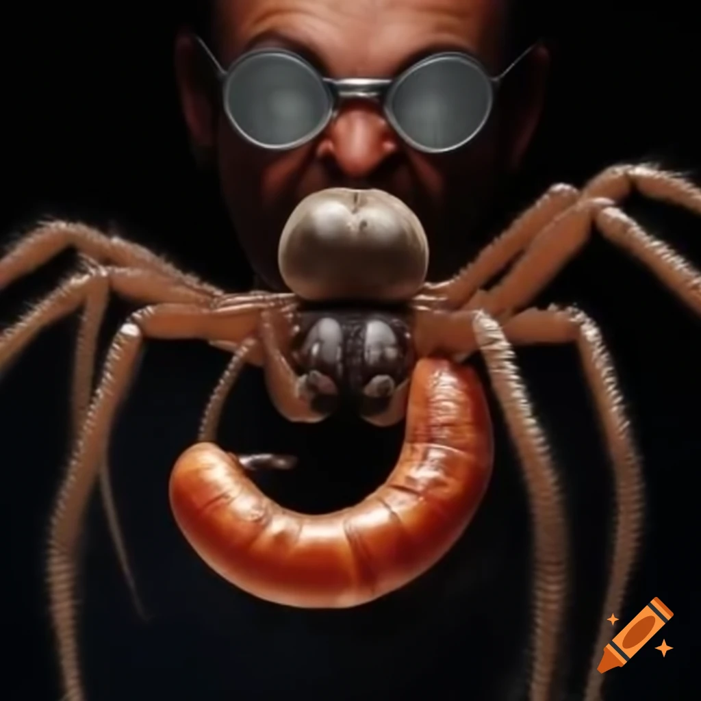 Man hitting spider with sausage