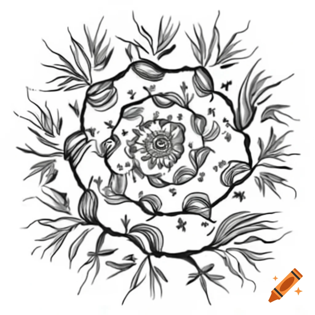 Ink spiral drawing depicting roots, brambles, leaves, and flowers