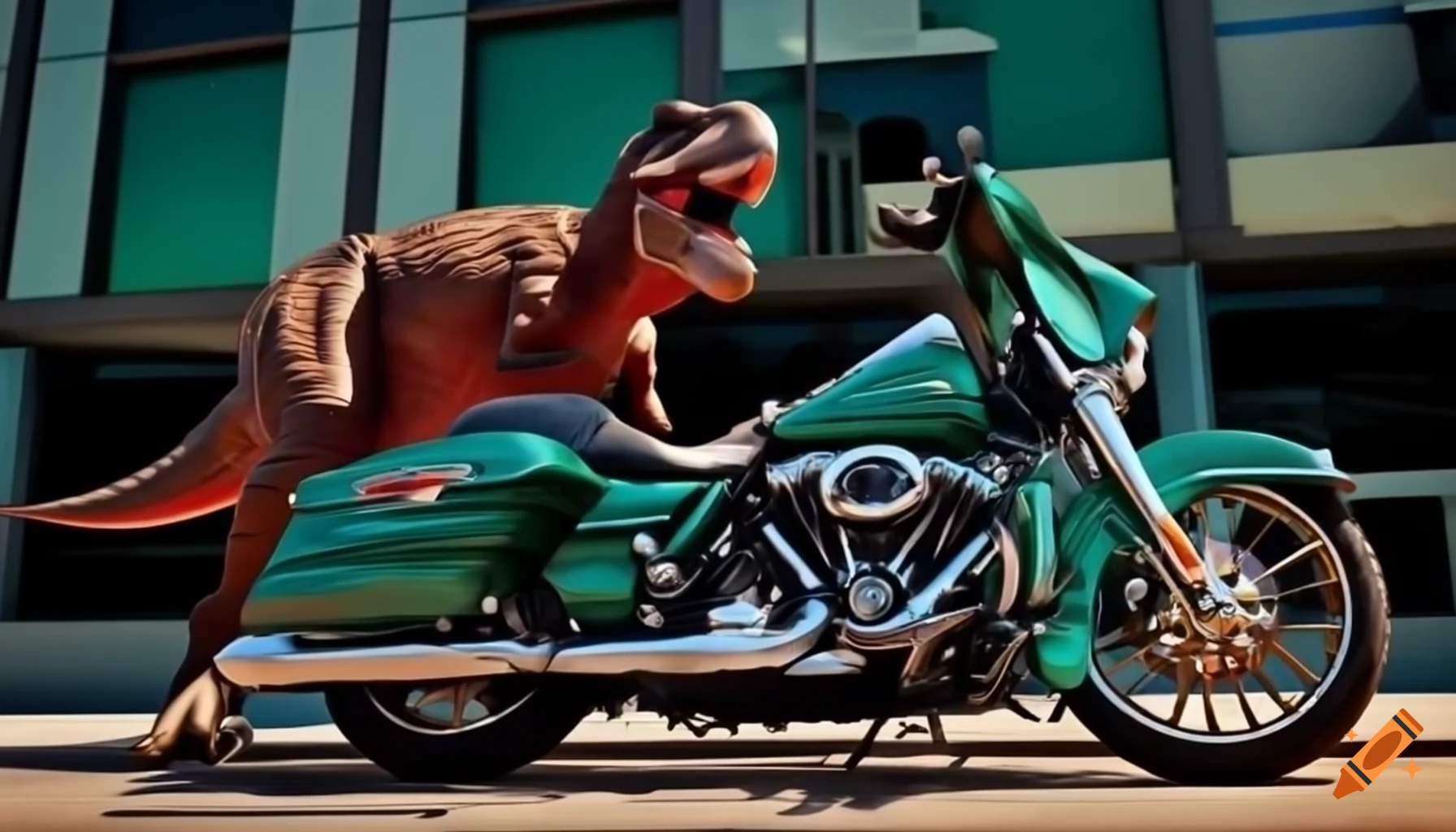Tyrannosaurus Rex on chrome Harley-Davidson motorcycle