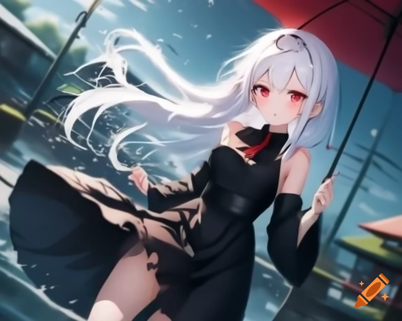 Anime woman with white hair and red eyes in black dress on rainy day, realistic style