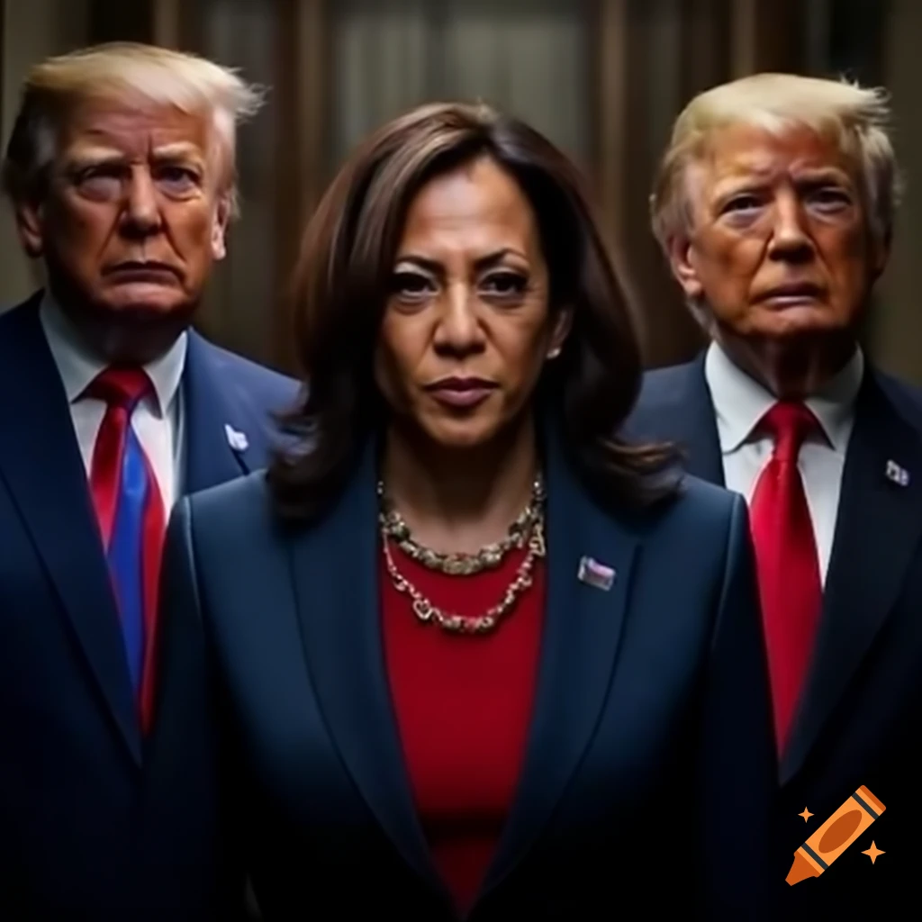 Kamala Harris confidently debating Donald Trump in photorealistic detail