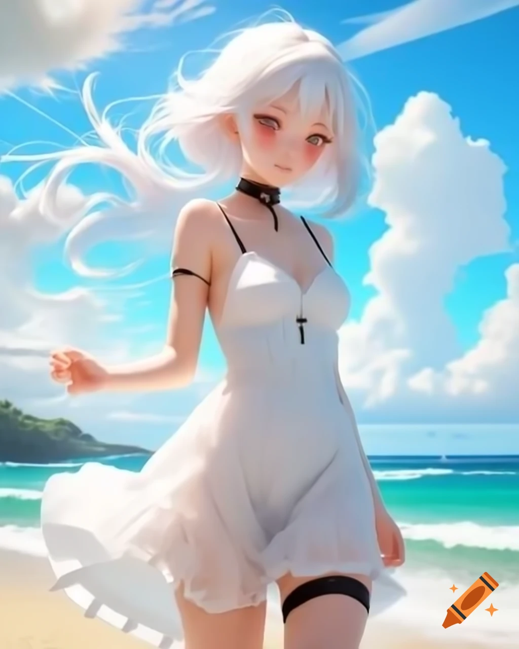 Anime woman with white hair in sundress on a beach, realistic style