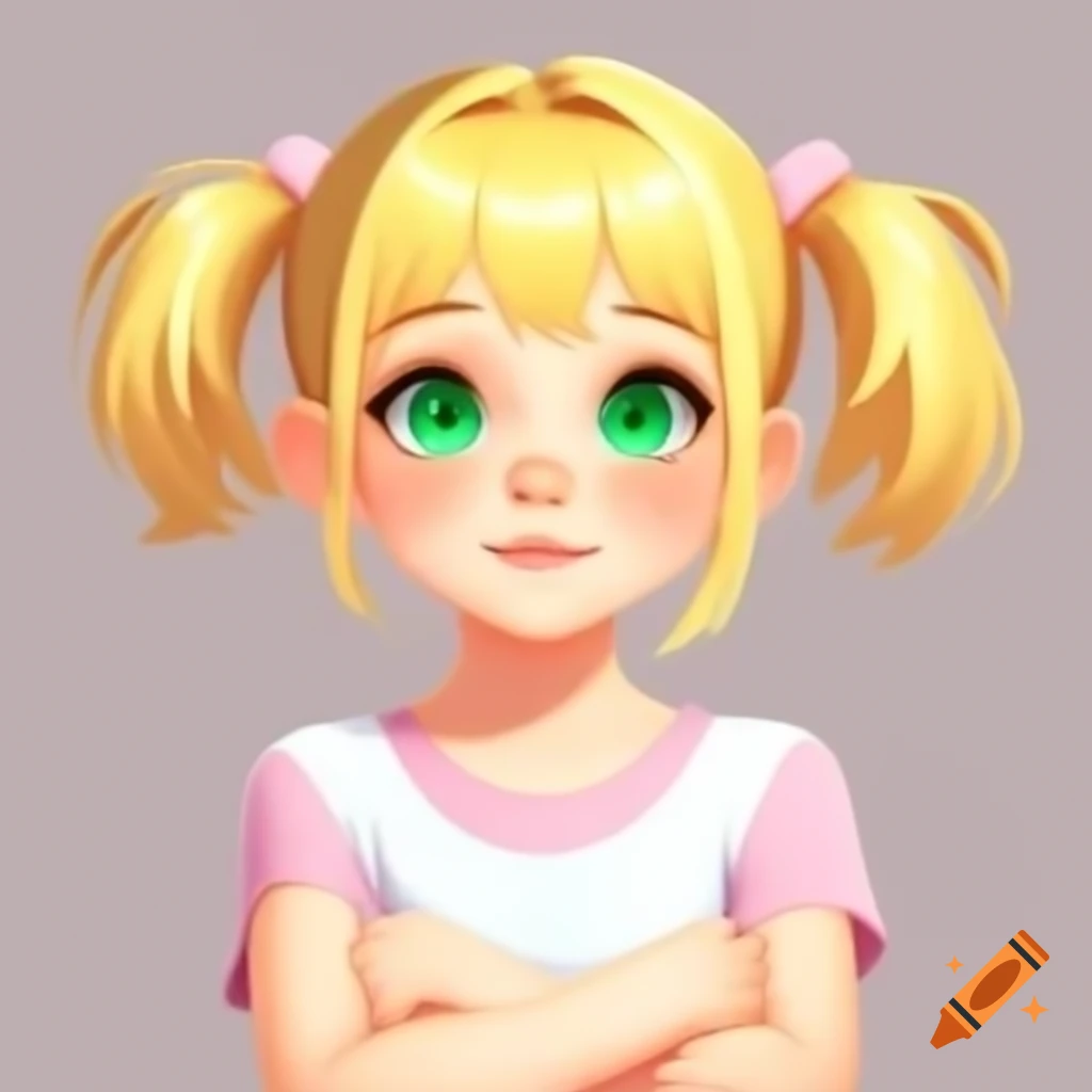 Anime girl with blonde hair and green eyes, wearing pink sleeveless t-shirt and crossed arms