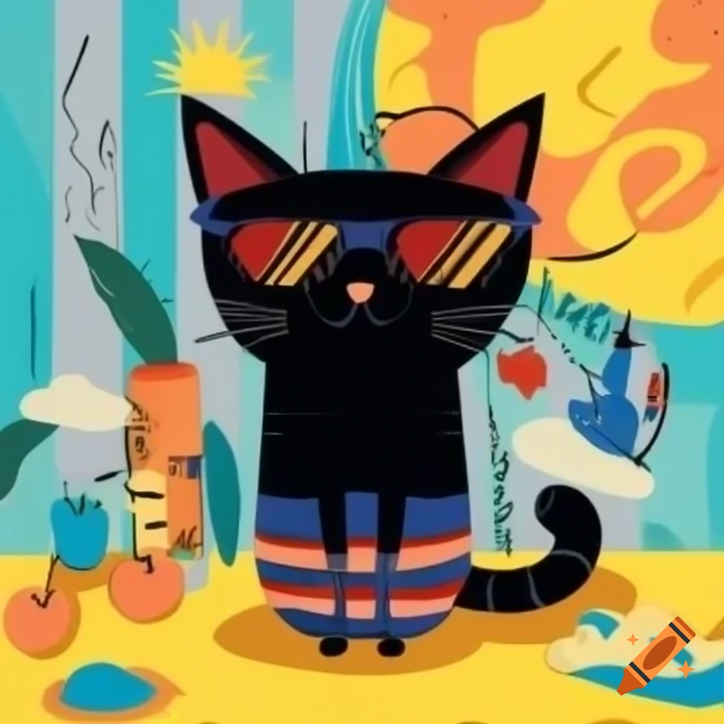 Cartoon art of black cat with pyjama stripes and sunglasses