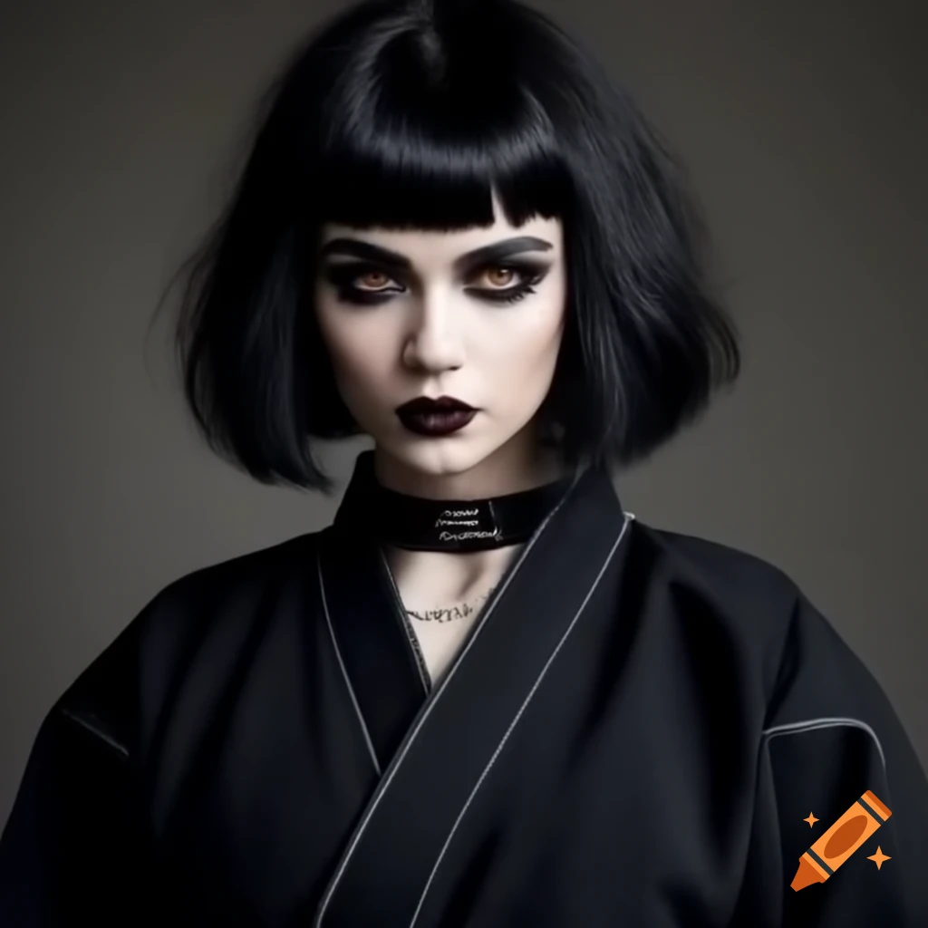 Woman in gothic makeup wearing black karate pants and black belt, turned back