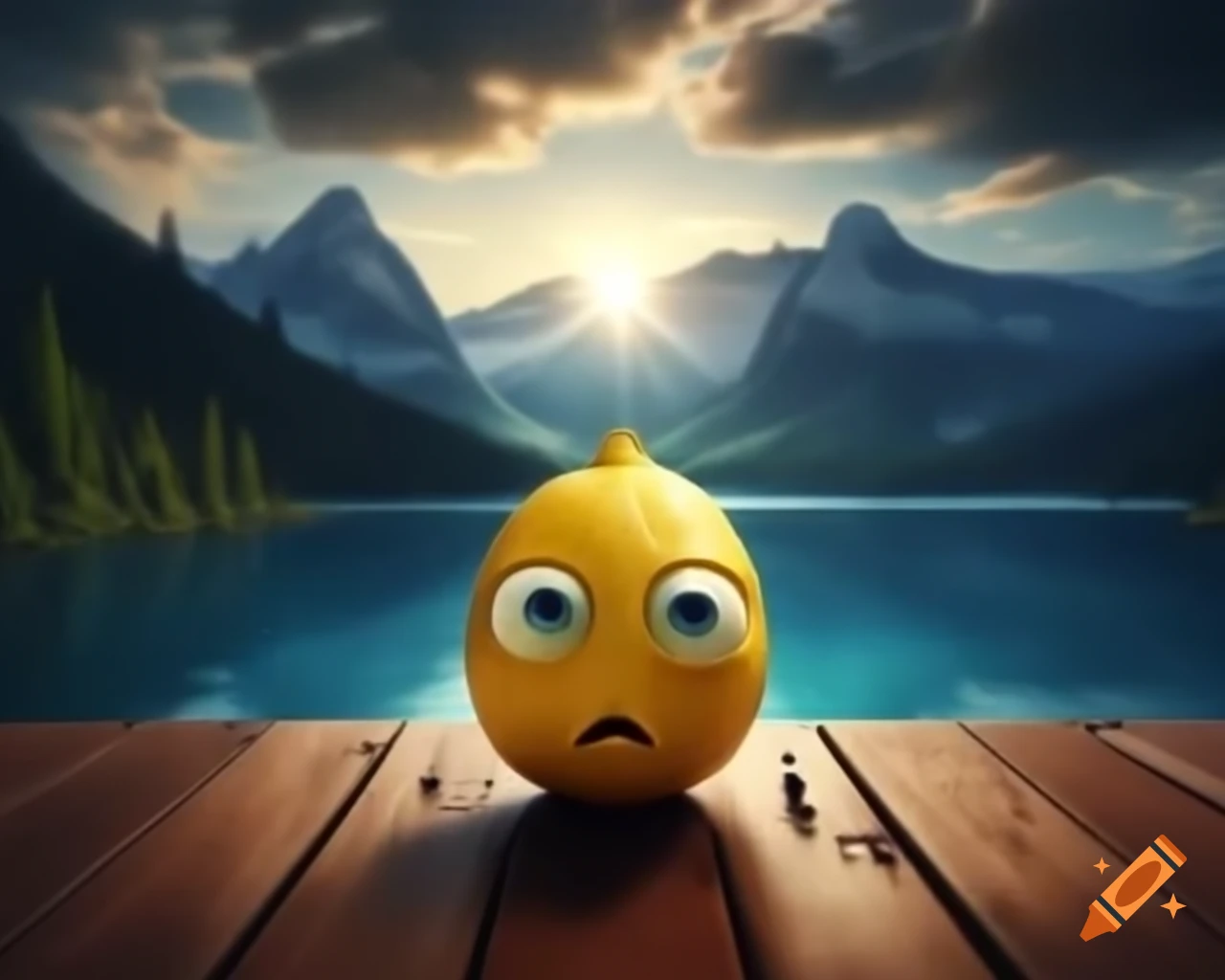 Surreal lemon monster sculpture with human face in forest setting