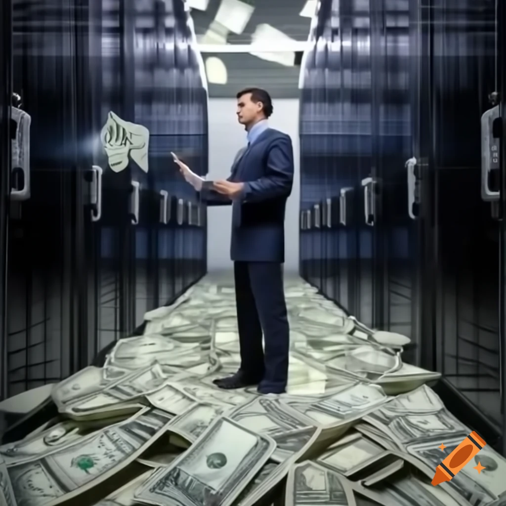 Servers and stacks of money, representing technology and wealth