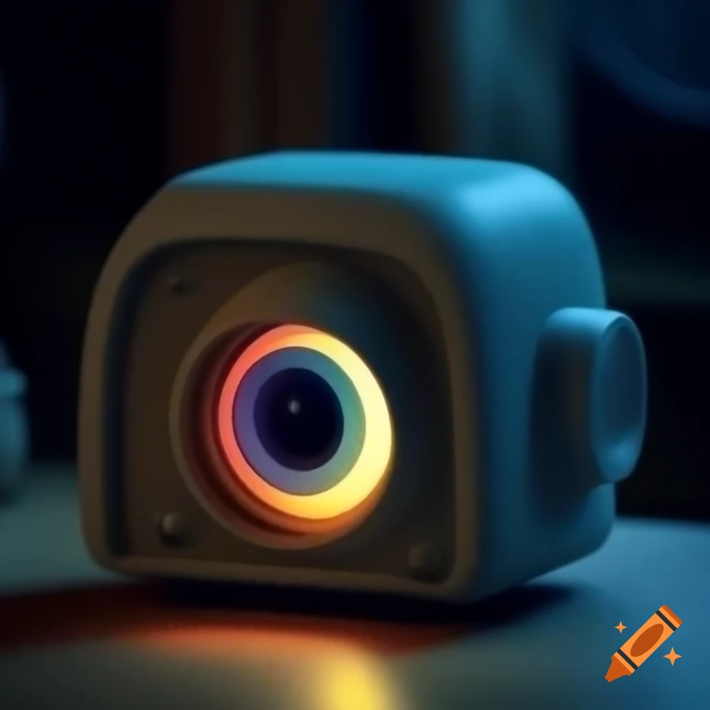 Cute little projector with eye glowing in darkness