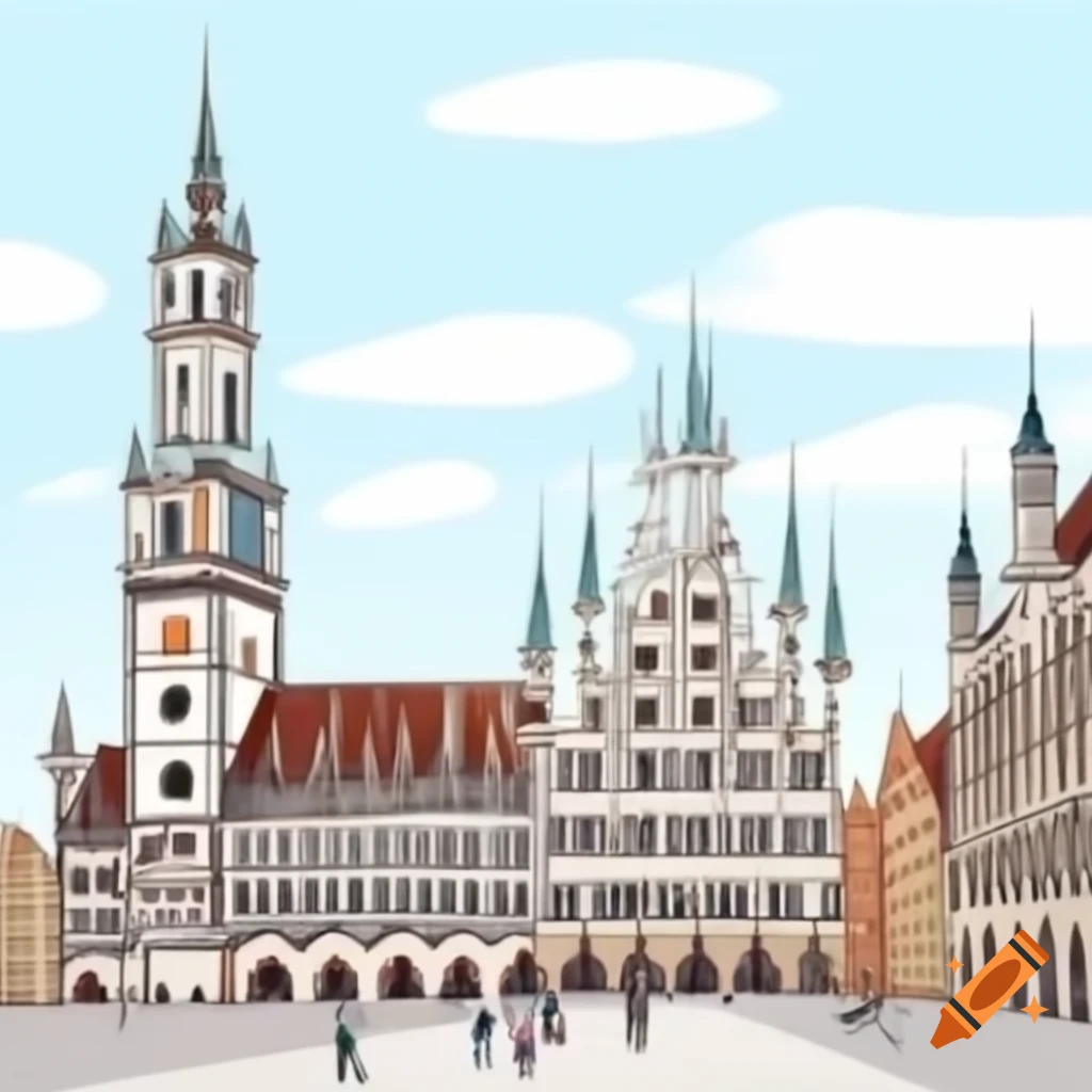 Artistic depiction of Marienplatz, a central square in Munich