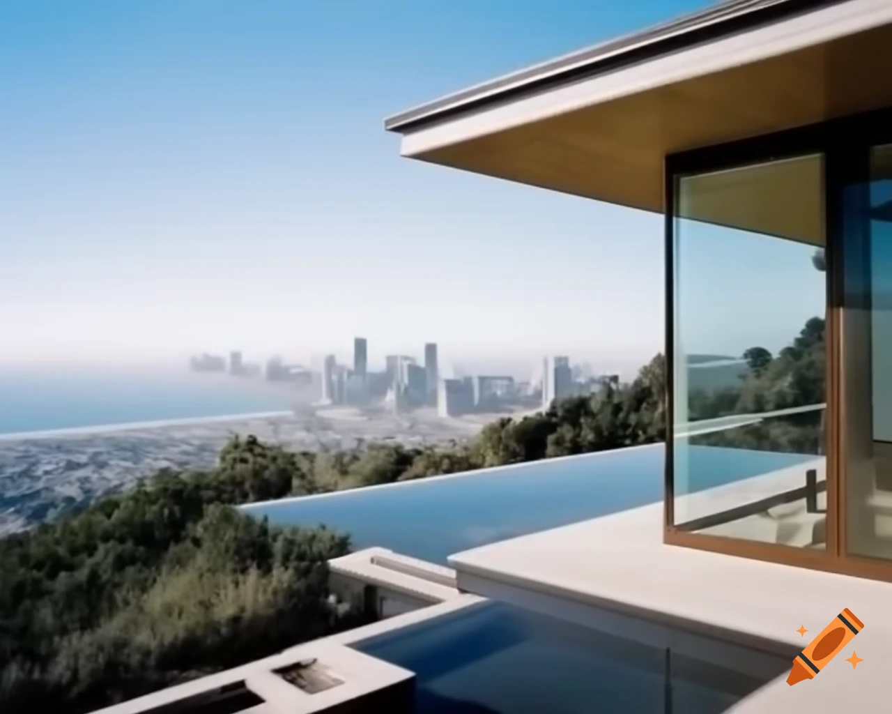 View from mid-century modern home overlooking San Diego bay with infinity pool