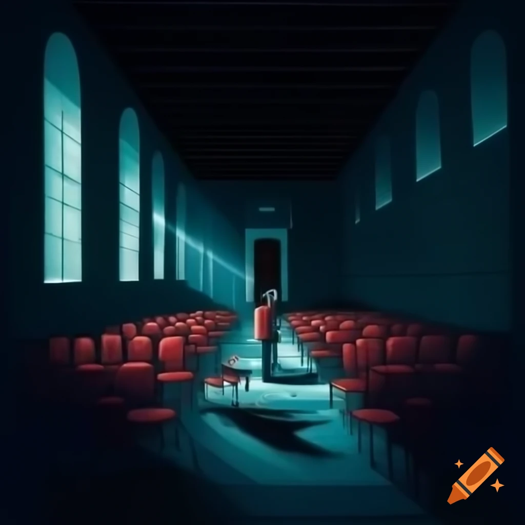 Large dimly lit hall with man and woman sitting in empty chairs, checking watch