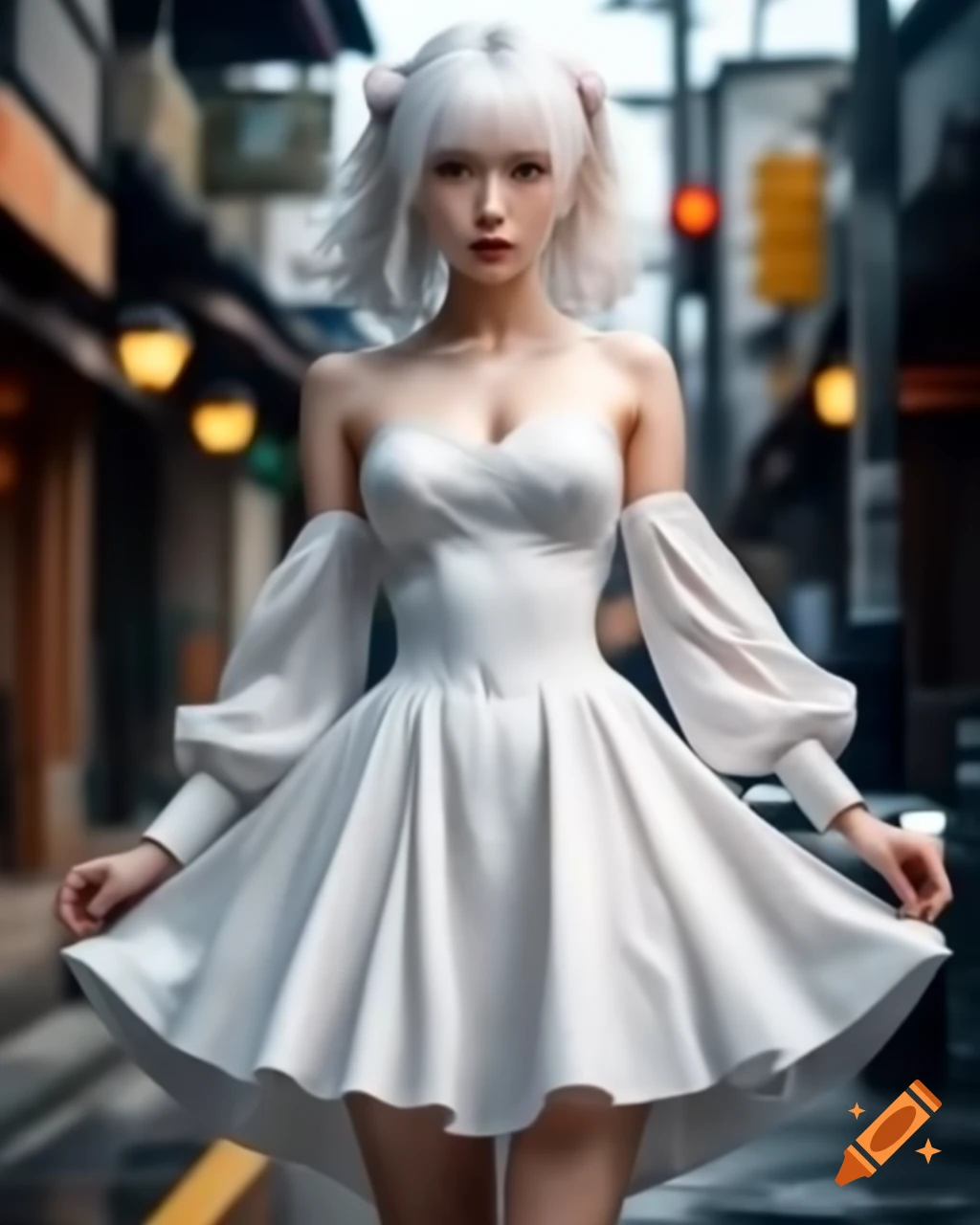 Anime character with white hair in sundress walking on street